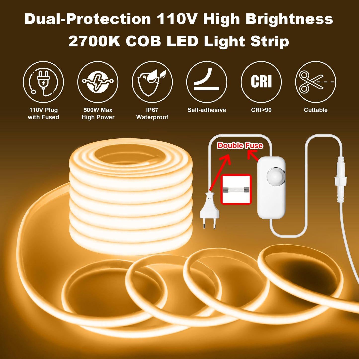 Gliztech IP67 Waterproof COB LED Strip Lights AC 110V-120V Direct Plug, 66FT Super Bright Outdoor Strip Lights with Double Fuse Controller, LED Strips