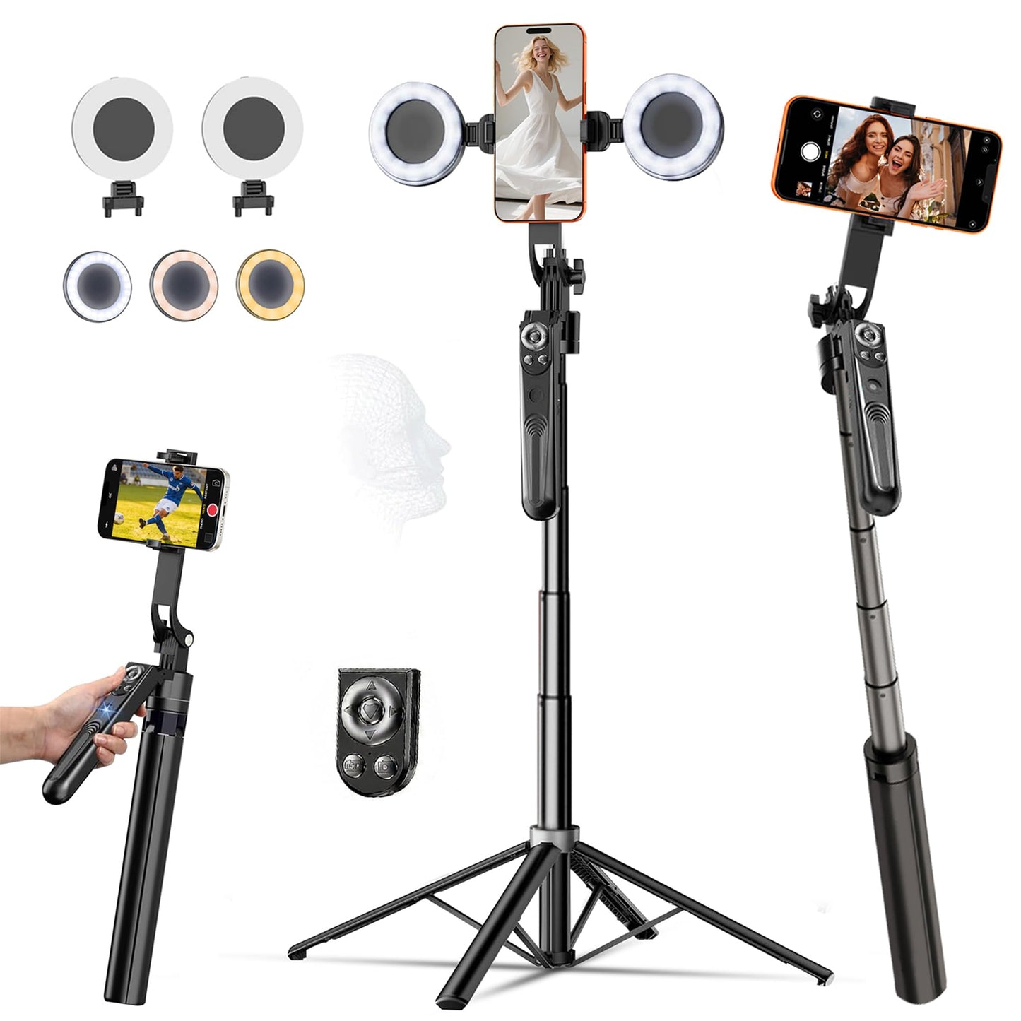 Tripod for iPhone with Light Vlogging Camera, Auto Face Tracking Tripod 360 Rotation with Remote, No App, Portable Travel Phone Holder for Video