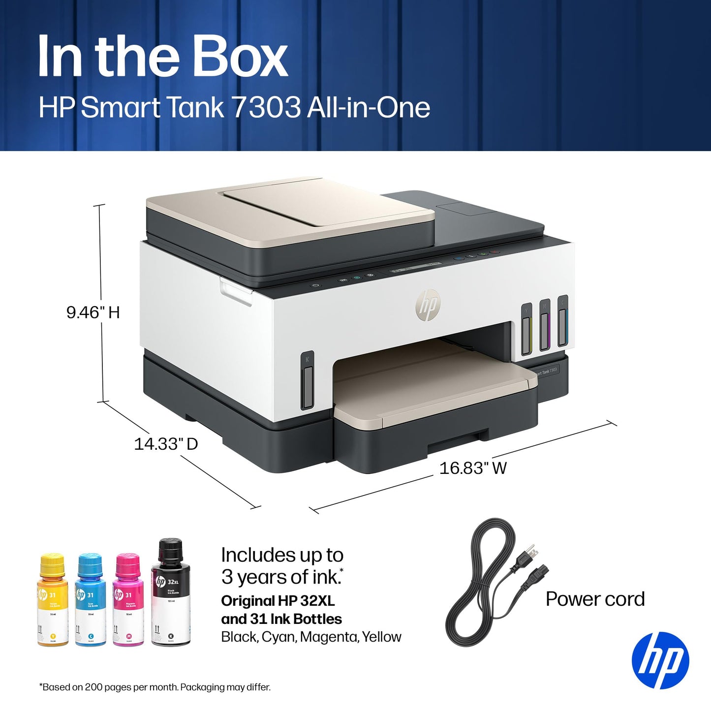 HP Smart Tank 7303 Wireless All-in-One Ink Tank Printer, Scanner, Copier with up to 3 Years of Ink Included, Best-for-Home Office, Cartridge-Free