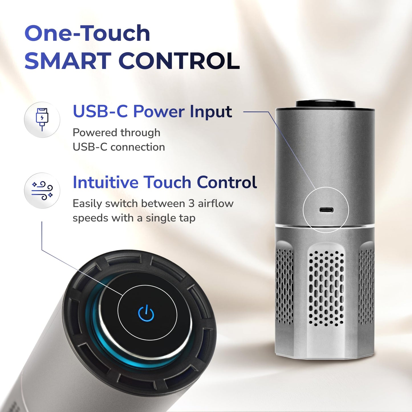 ALIENONE AP-C2-D Car Air Purifier, Portable Personal Mini Unit for Car Home Office Bedroom Desk Travel RV Camping, Compact Quiet Design, 360° Airflow