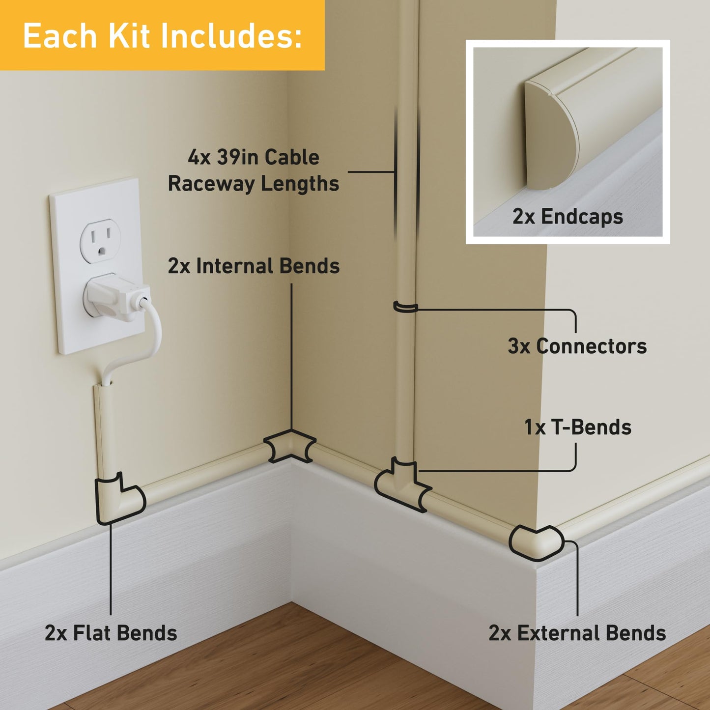 D-Line 13.12ft Cord Hider Kit, Patented Cable Cover, Hide Wires on Wall, Channel for TV Mount Cords, Raceway Wire Hiders, Paintable, Adhesive, Half
