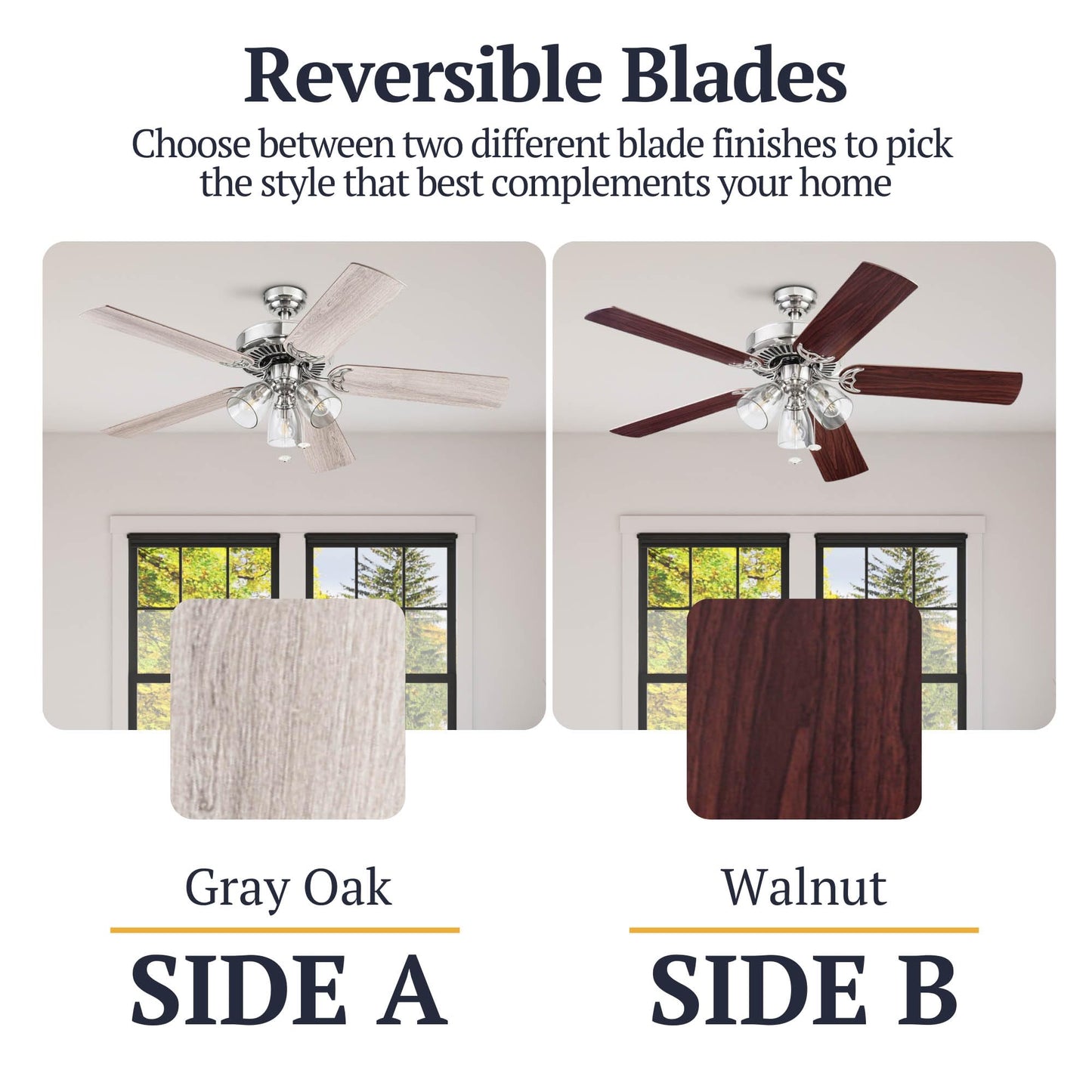 Prominence Home Saybrook Modern Farmhouse 52 Inch Ceiling Fan with Light, LED Ceiling Fan, Tri-Mount Indoor Fan with 5 Blades, Gray Oak and Brown