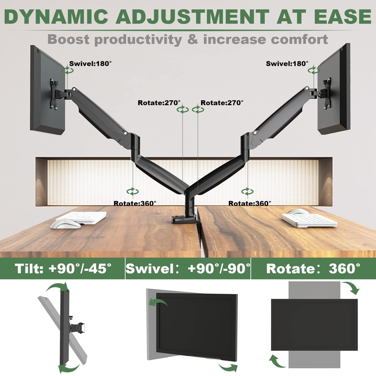 UPGRAVITY Dual Monitor Mount, Dual Monitor Desk Mount for Two Ultrawide 22"-34" Flat/Curved Computer Screens, Fully Adjustable Gas Spring Double