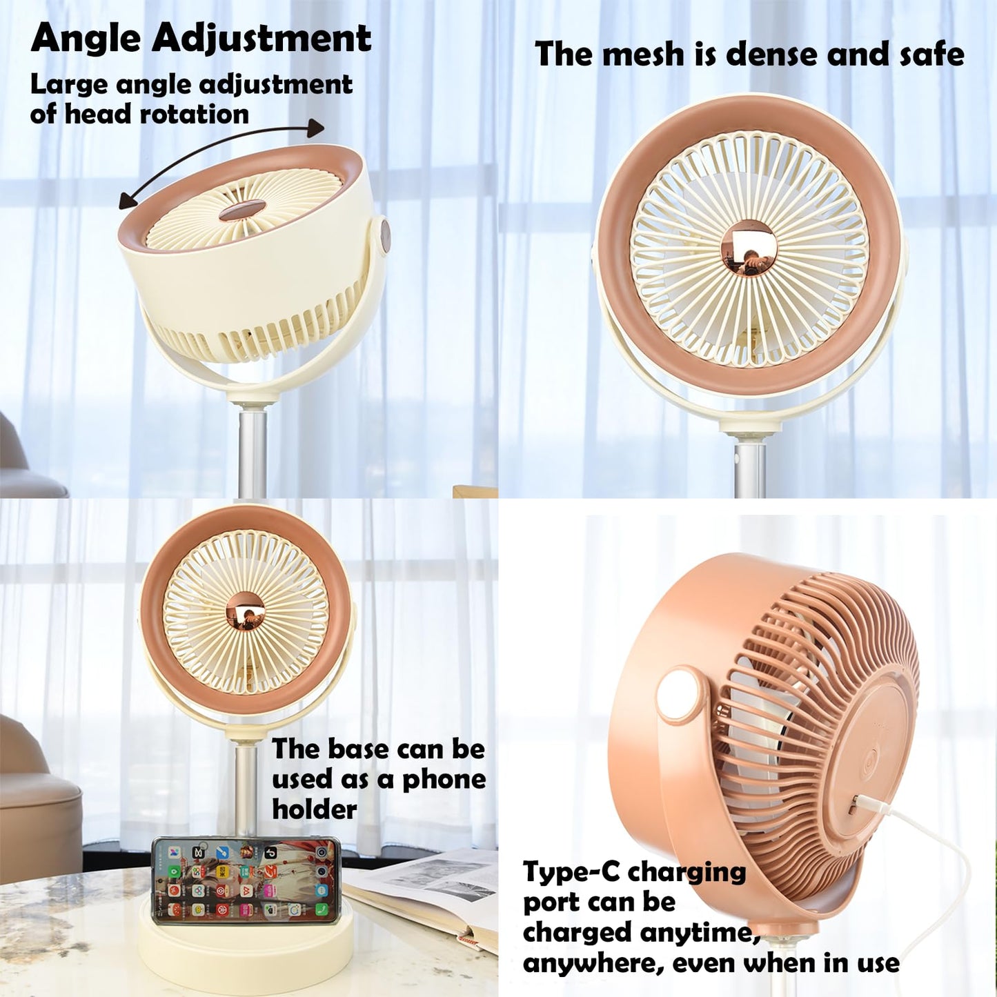 Portable Rechargeable Standing Fan 7.1" , USB Desk Fan & Portable Pedestal Fan For Travel, Small Floor Stand Up Fan For Sleeping, Height Adjustable, 3