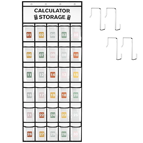 30-Pocket Calculator Holder for Classroom, Hanging Calculator Pocket Chart with Clear PVC Pockets & Numbered Stickers, Calculator Storage Organizer
