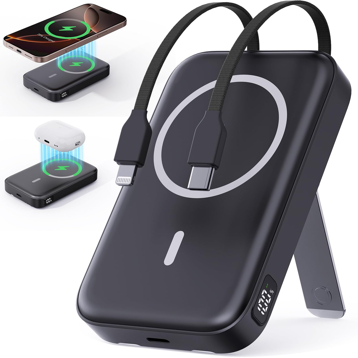 VTIAEK 2026 Latest Portable Charger, 10000mAh Magnetic Wireless Power Bank with 2 Built in Cables, LED Display Battery Pack Travel Essentials