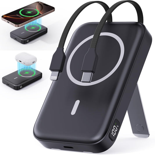 VTIAEK 2026 Latest Portable Charger, 10000mAh Magnetic Wireless Power Bank with 2 Built in Cables, LED Display Battery Pack Travel Essentials