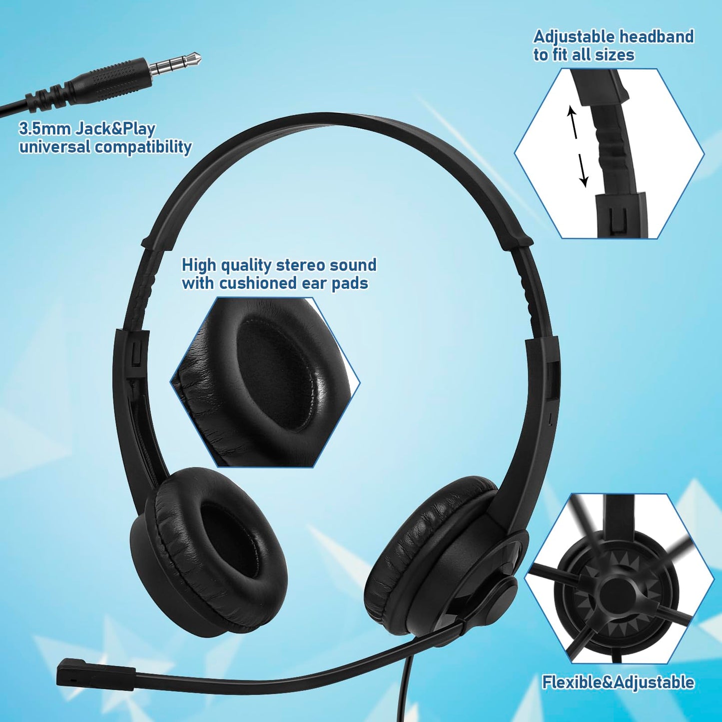 XOSDA Headsets with Microphone 5 Pack Bulk- Noise Canceling Computer Headphones for School, Office, Meetings, Chat, 3.5mm Wired PC Headphones