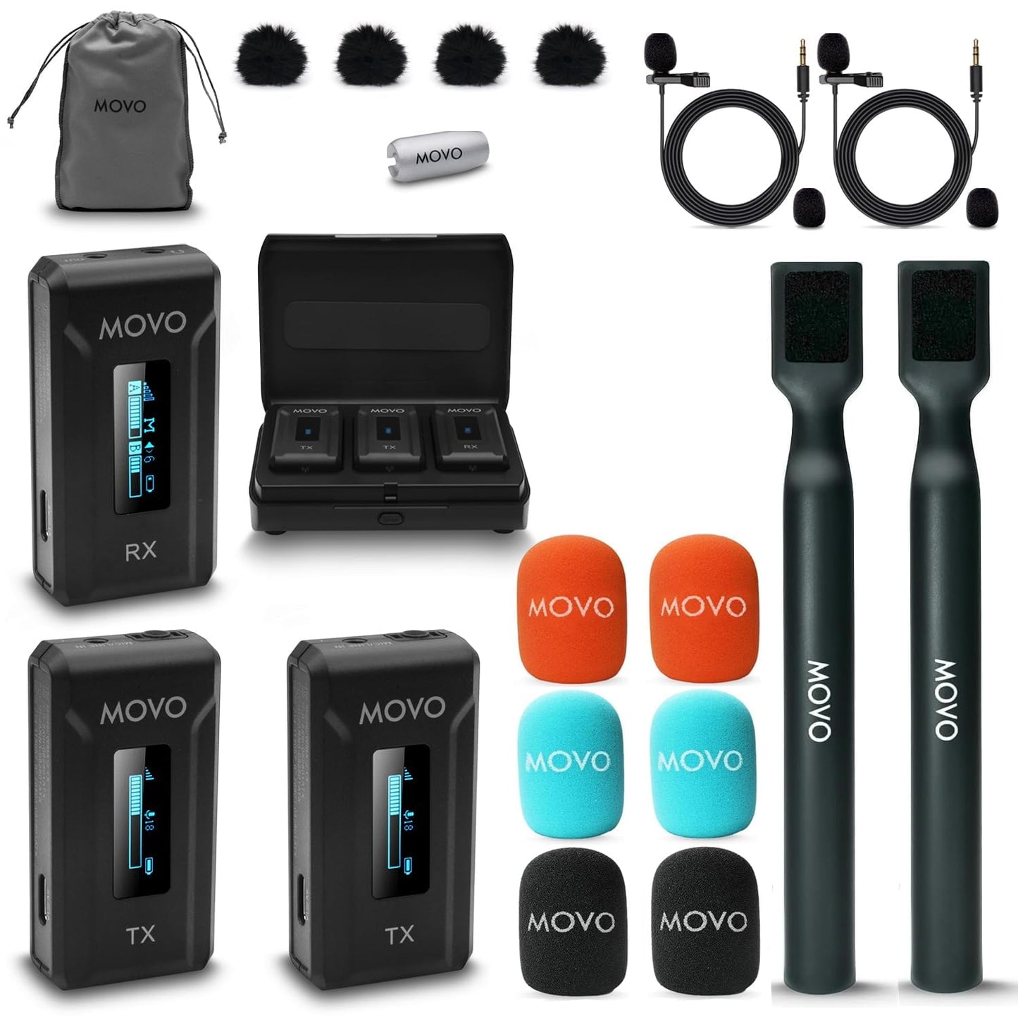 Movo WMX-2-DUO Dual Microphone Compact Wireless System with Handheld Extension Mounts - Mini Wireless Lavalier Microphones for Cameras with Mic