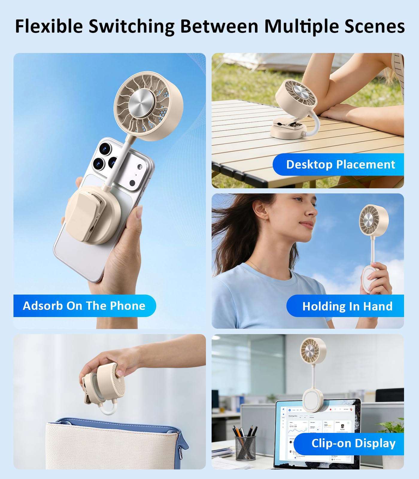 Blissfuhue Magnetic Phone Fan with Ice Cooling, 3-in-1 Clip on Fan