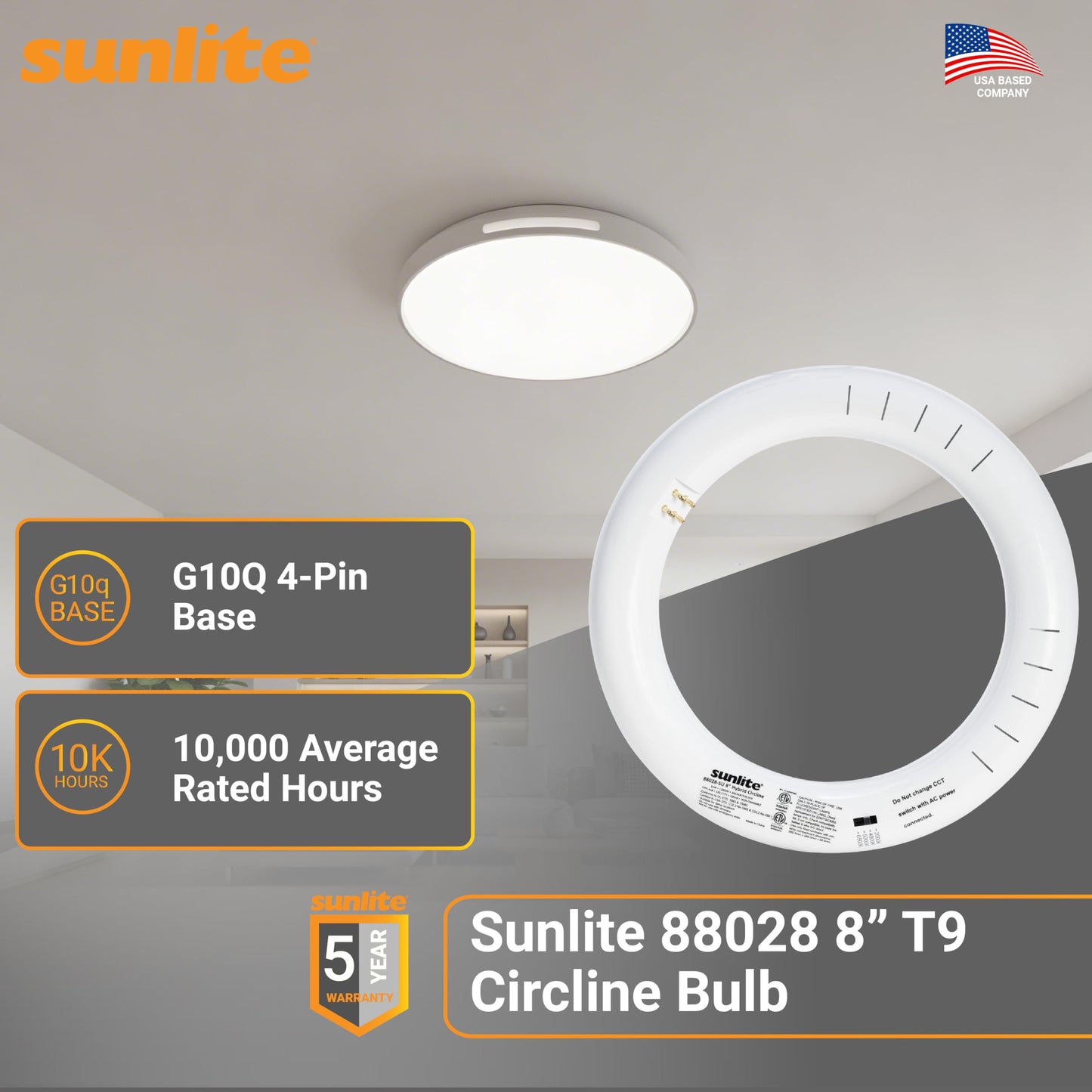 Sunlite 8" T9 LED Circline Bulb, 11W, 120-277V, Non-Dimmable, 1100 Lmns, G10Q 4-Pin Base, CCT Selectable 30K/40K/50K/65K, ETL Listed LED Replacement