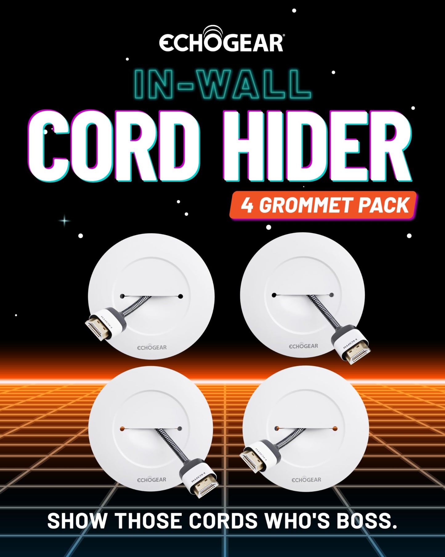 ECHOGEAR TV Cord Hider for Wall Mounted TV 4 Pack - Cable Management Kit Hides TV Wires - Includes 2 Pass Throughs, Locking Brackets, and Hole Saw