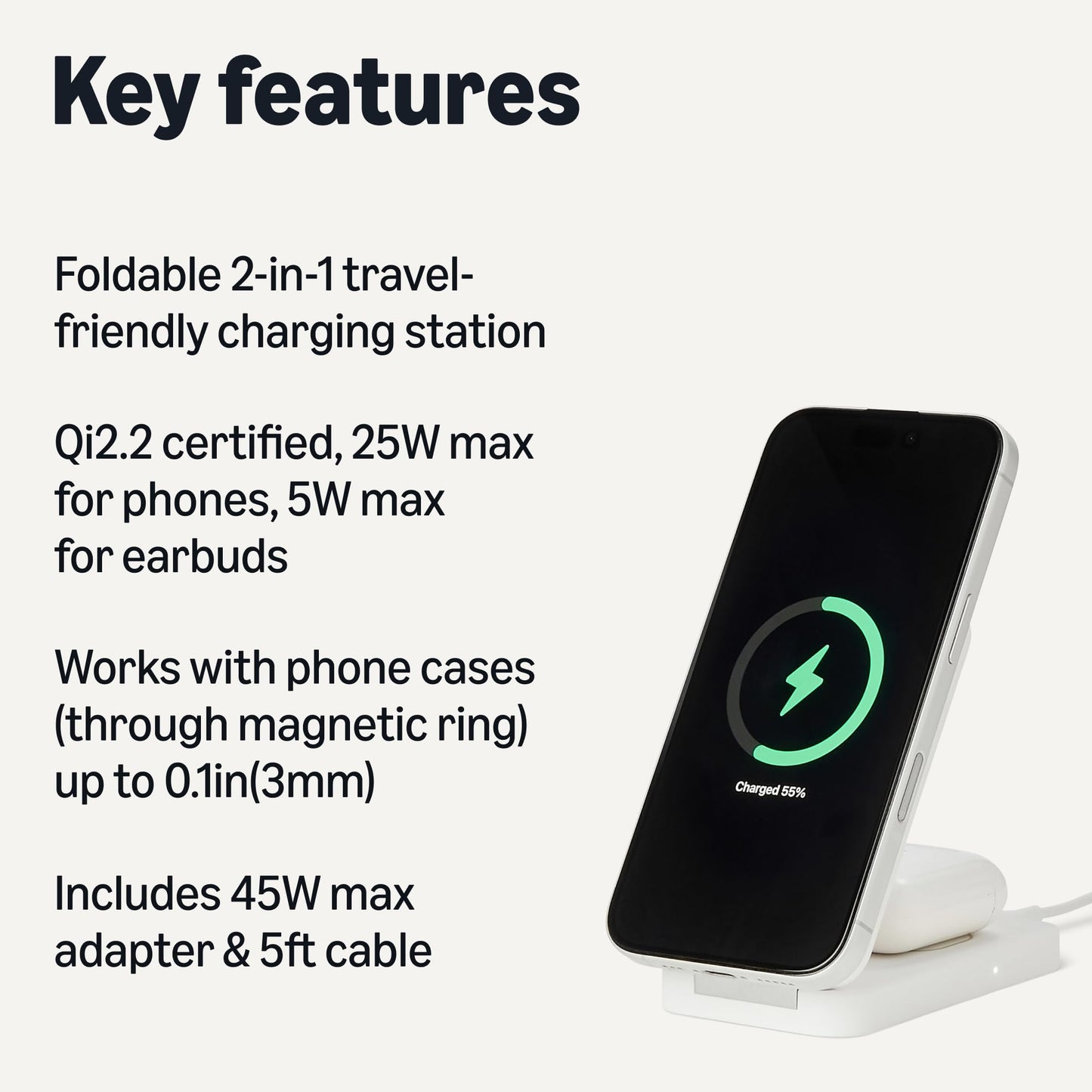 Amazon Basics MagSafe Compatible Wireless Charging Station, 25W Max. Fast Charging Qi2.2 Certified 2-in-1 Charger, Foldable Stand for iPhone