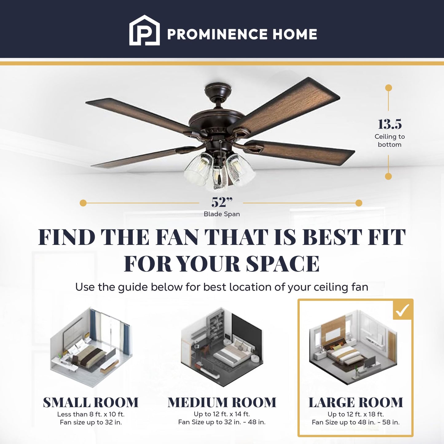 Prominence Home Glenmont, 52 Inch Farmhouse LED Ceiling Fan with Light, Pull Chain, Three Mounting Options, Dual Finish Blades, Reversible Motor