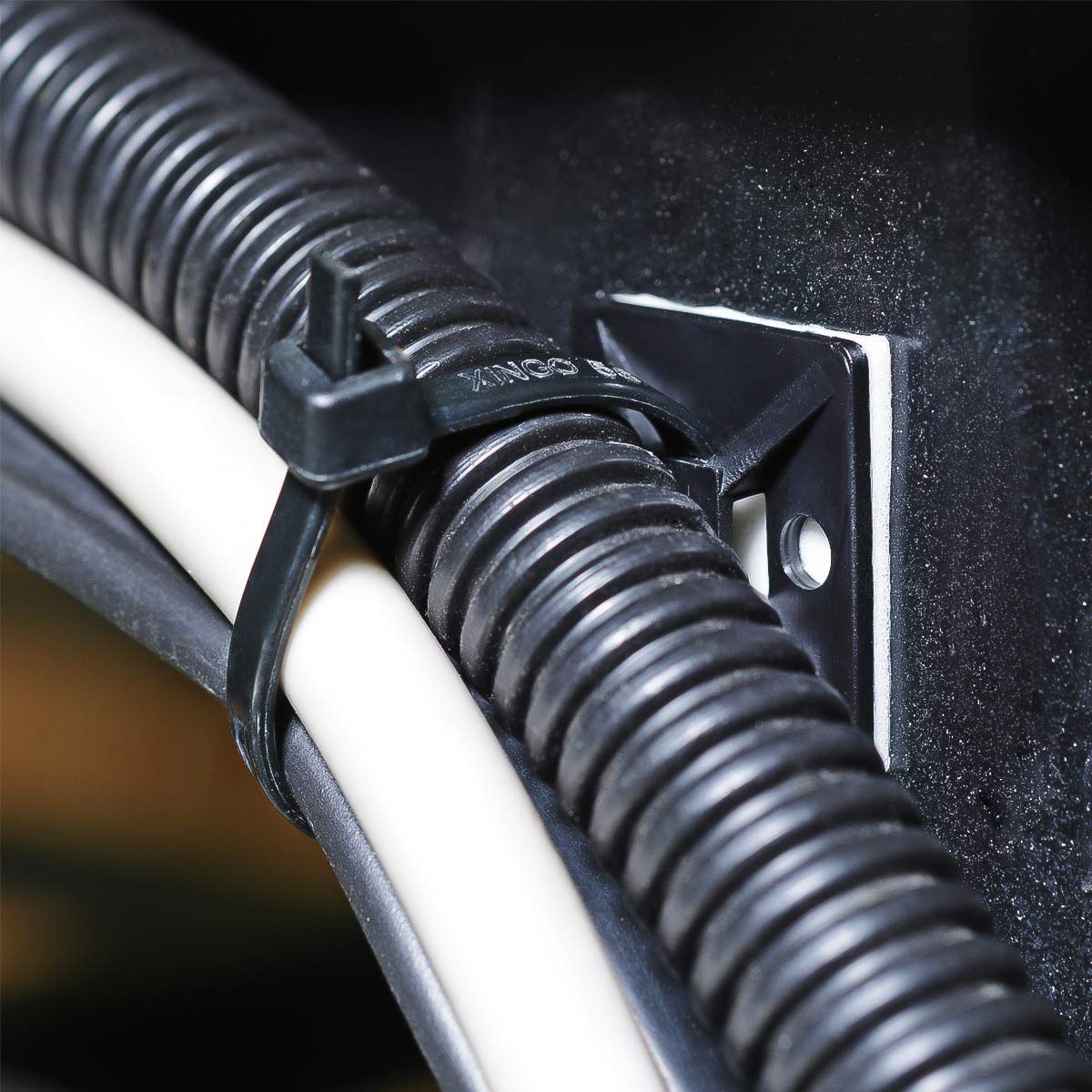 XHF 3/4" Strong Back-Glue Self Adhesive Black Cable Zip Tie Mounts 100pcs with 8" Zip Ties, Screws, UV Protection Outdoor Sticky Wire Fasteners Cable
