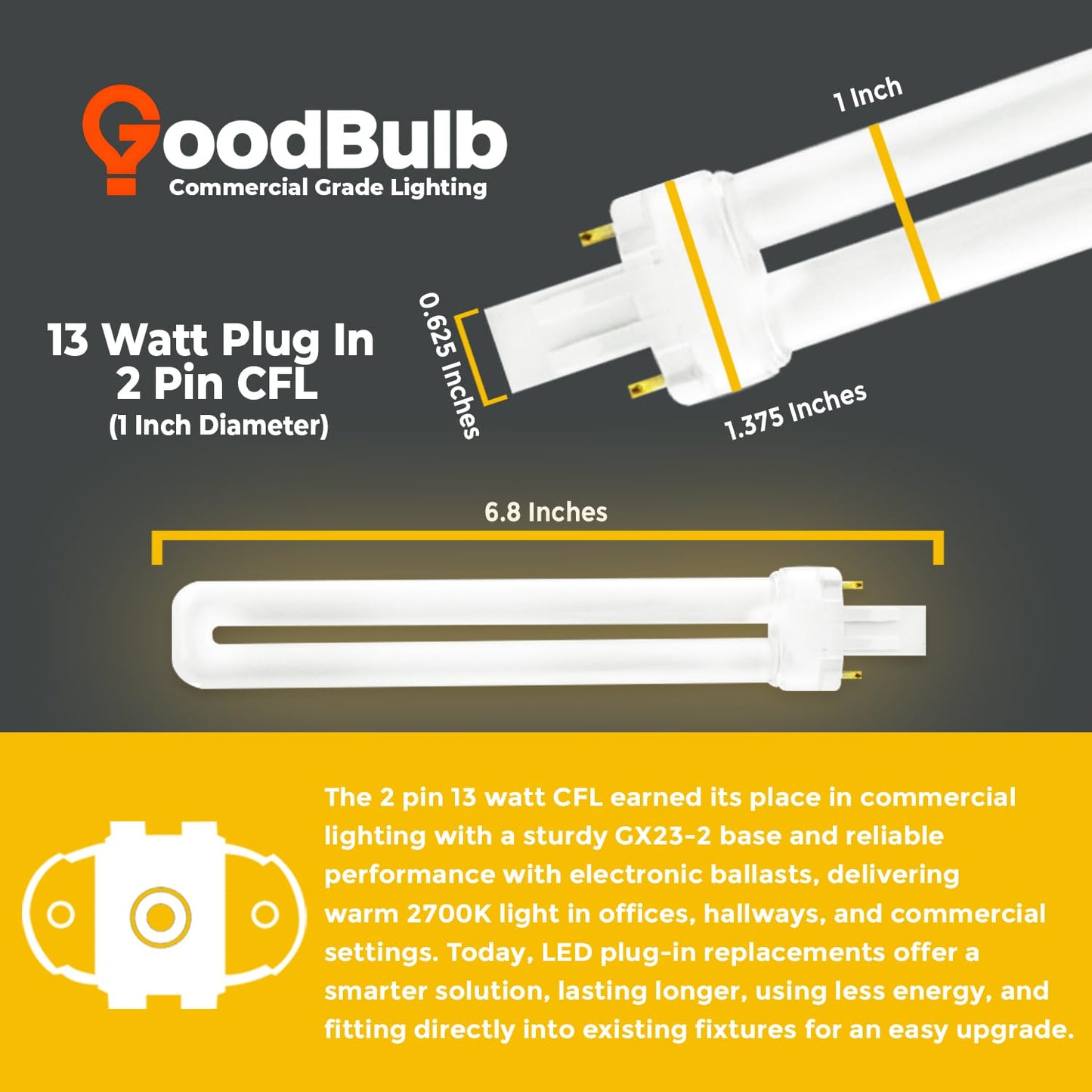 GoodBulb 13 Watt CFL Light Bulbs 2 Pin GX23 Base 2700K Soft White 13W High Output 800 Lumens Single Tube Compact Fluorescent Light Bulbs Plug-in 10