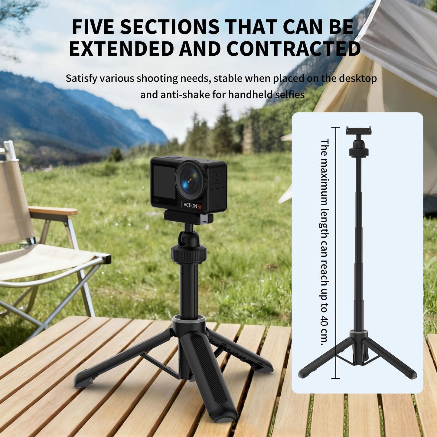YUNJITONN Magnetic Quick Release Extension Rod Compatible with DJI Osmo Action 5 Pro/4/3/360, Extendable Selfie Stick Tripod, Black, Portable Vlog