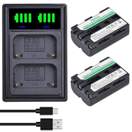 Tectra 2 Pack NP-FM500H NPFM500H Battery and LED Dual Charger for Sony Alpha SLT A58 A57 A65 A77 A99 A77V A77II A350 A450 A500 A550 A700 A850 A900
