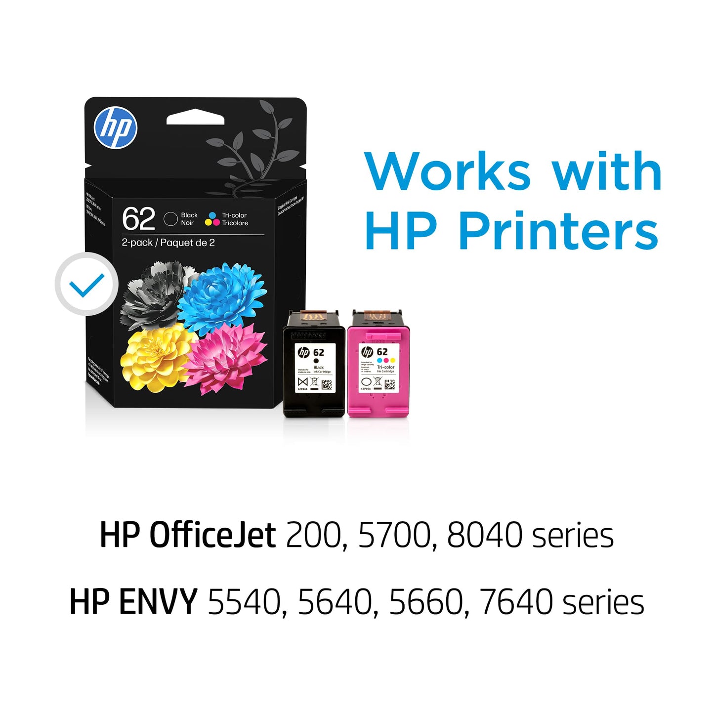 HP 62 Black/Tri-Color Ink Cartridges (2-Pack) | Works with Envy 5540, 5640, 5660, 7640, OfficeJet 5740, 8040, Mobile 200, 250 | N9H64FN | Packaging