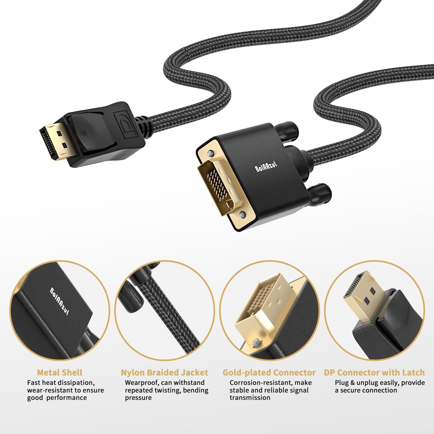 BolAAzuL DisplayPort to DVI Cable 3ft, Braided Displayport to DVI-D Male Single-Link Converter Cable 1080P DisplayPort DP Male to DVI Male Adapter