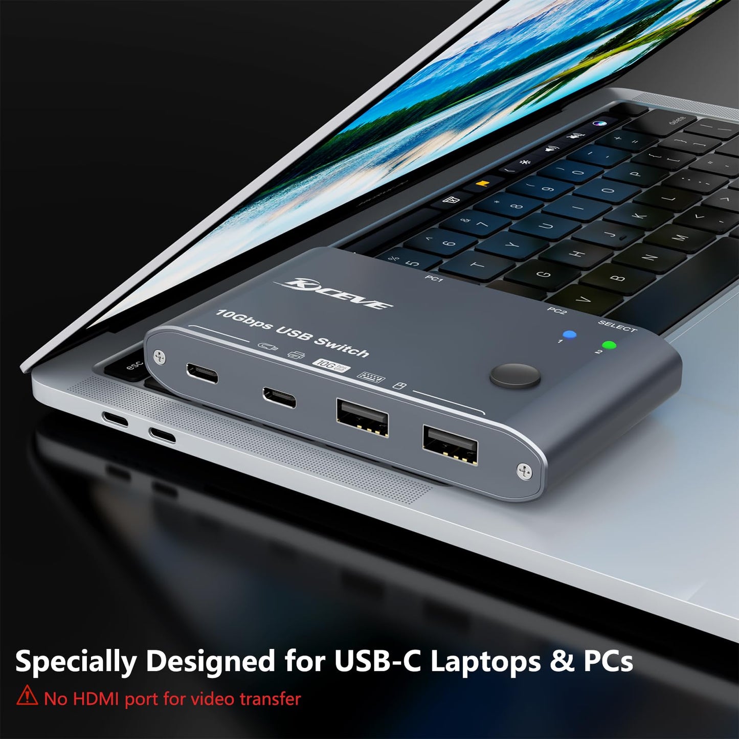 10Gbps USB C Switcher 2 Laptops Type-C Switch for Keyboard Mouse Camera Headphone Microphone, USB Switch with 10Gbps Data Cables and Wired Remote
