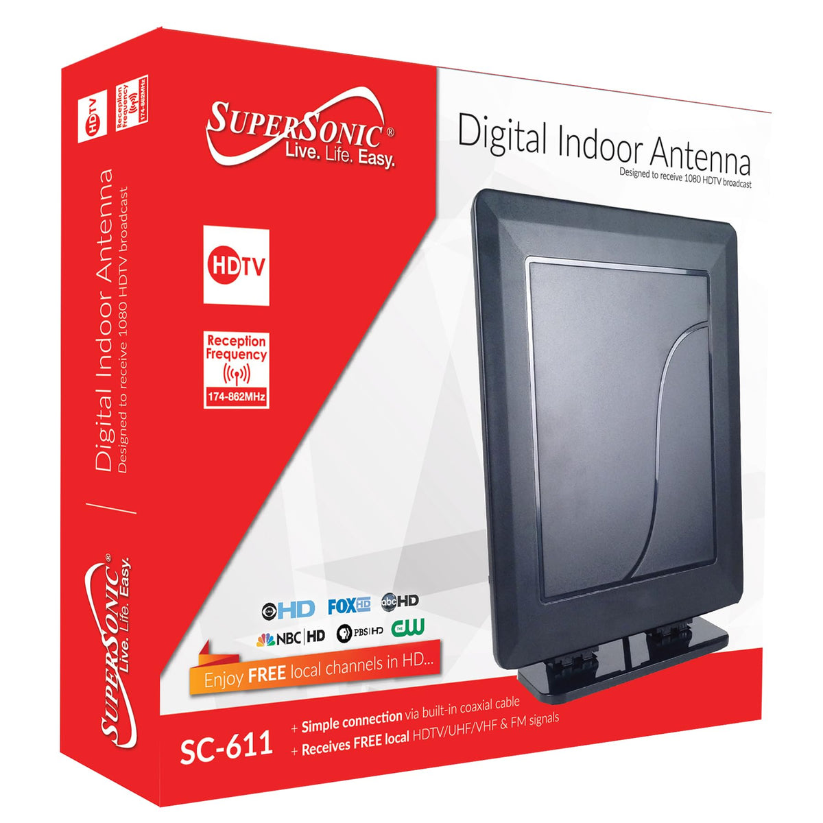 Supersonic SC-611 HDTV Digital Indoor Antenna, Supports HDTV 1080p, 720p Broadcast, Free Digital and Analog TV Broadcast Signals, Powerful 5dBi Gain 3.28ft.TV Cable