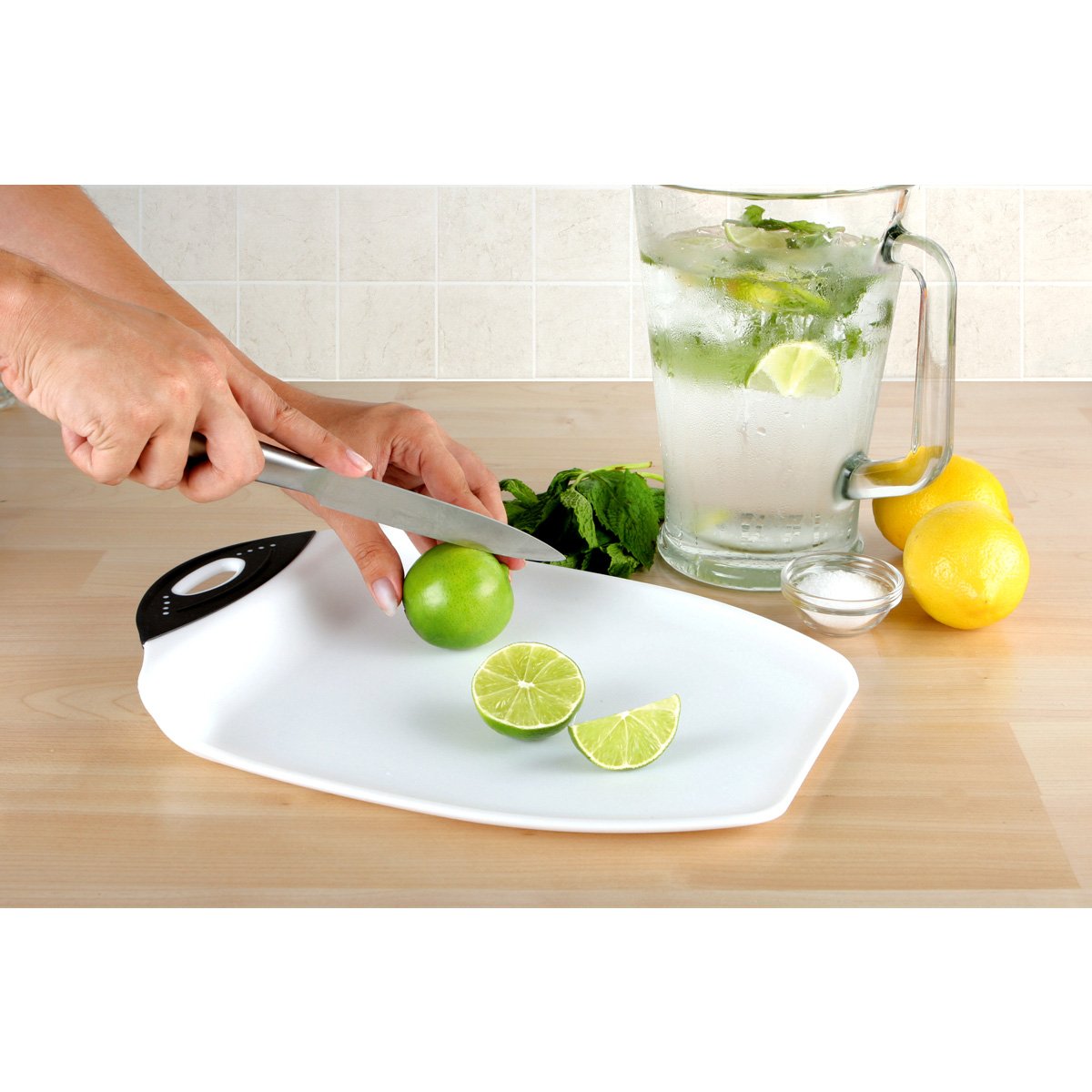 Dexas Chop & Scoop Cutting Board, 9.5 by 13 inches, White with Black Handle