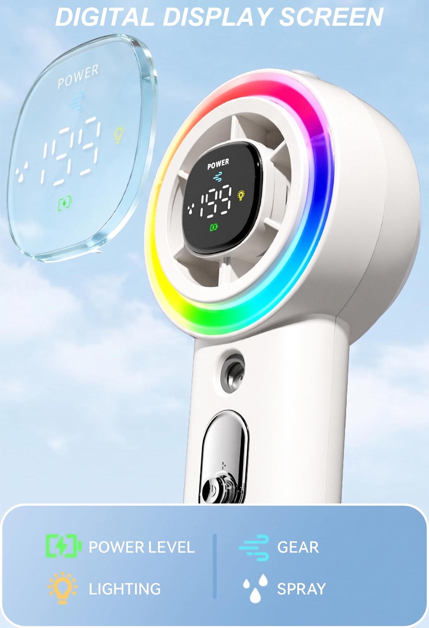 Portable Handheld Misting Fan with LED Lights, Personal Hand Mister Fan Water Spray, 15000RPM Mini Turbo Fans 4000mAh Rechargeable, Digital Screen
