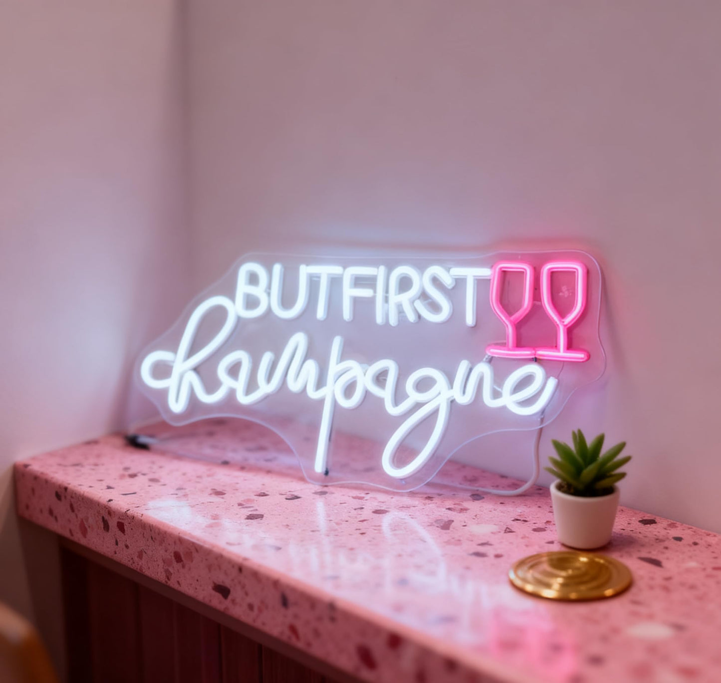 But First Champagne Neon Sign - USB Powered Dimmable Decorative Neon Light for Party Bar Pub Living Room Bedroom Wall Table Decor, White and Pink LED
