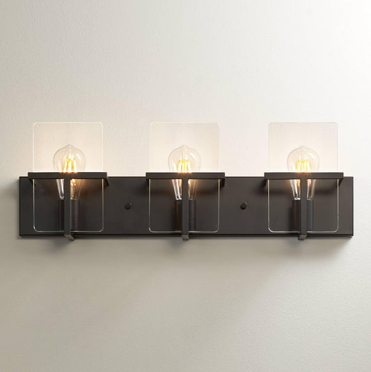 Possini Euro Design Trezza Modern Industrial Wall Mount Light Matte Black Hardwired 24" 3-Light Fixture Clear Glass Flat Panels for Bathroom Vanity