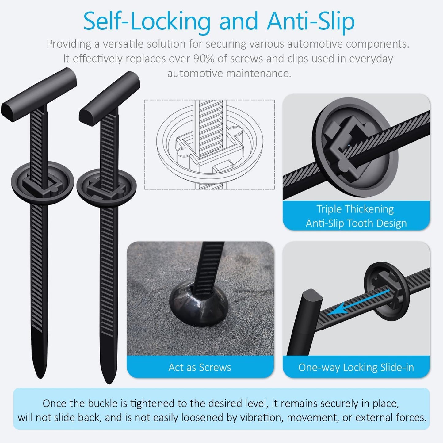 Upgraded Nylon Universal Cable Tie Buckles for Car, Heavy Duty T Rivet Zip Ties, Double-Side Self-Locking Automotive Zipper Clips for Fender Trunk