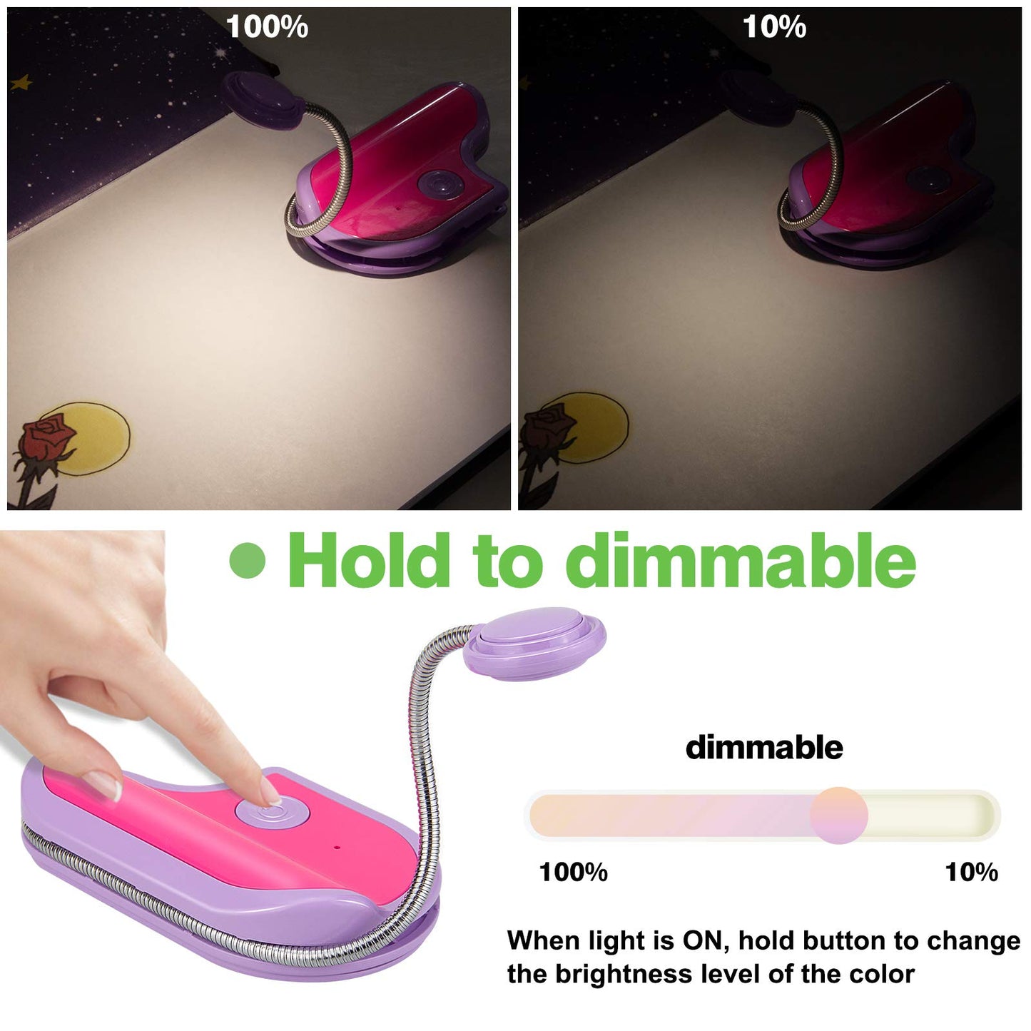 BIGMONAT Book Reading Light for Kids - Rechargeable, Portable LED Reading Lamp with Rotary Neck, Clip-on Light in Bed (Purple)