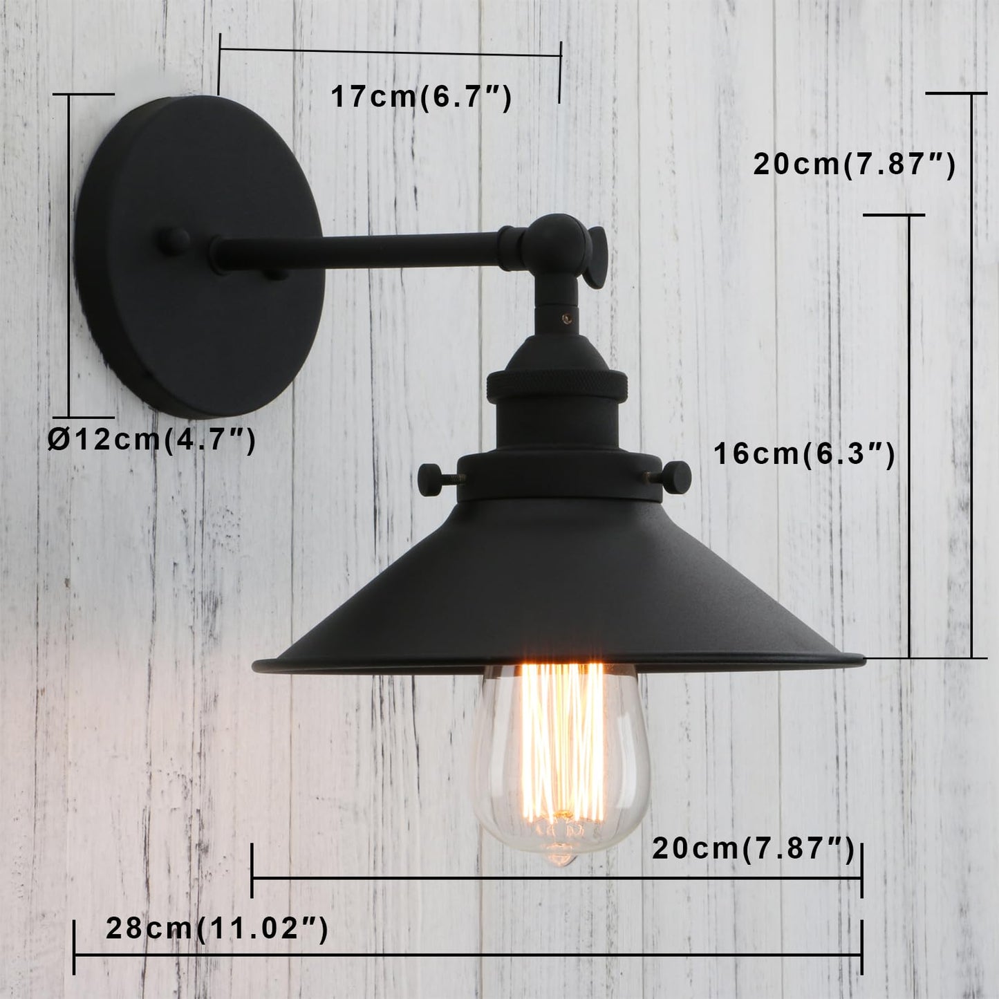 PERMO Vintage Industrial Metal Wall Sconce Lighting 180 Degree Adjustable Wall Lamp Matte Black