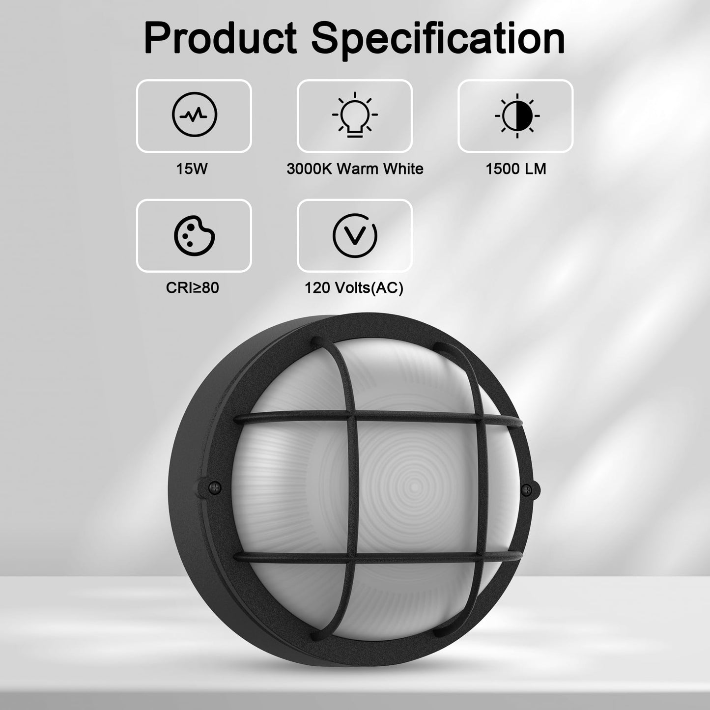 Faymart lighting 8" Nautical Outdoor Light-Black Round Bulkhead LED Lights,Sauna Light Fixture Outdoor 8" Nautical Bulkhead Light 3000K,1500LM,15W LED