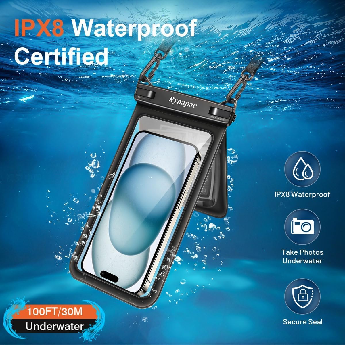 Rynapac IPX8 Waterproof Phone Pouch 2 Pack, [Up to 8.5''] Double Space Waterproof Phone Case with Lanyard for iPhone 17 16 15 14 Pro Max, Cellphone