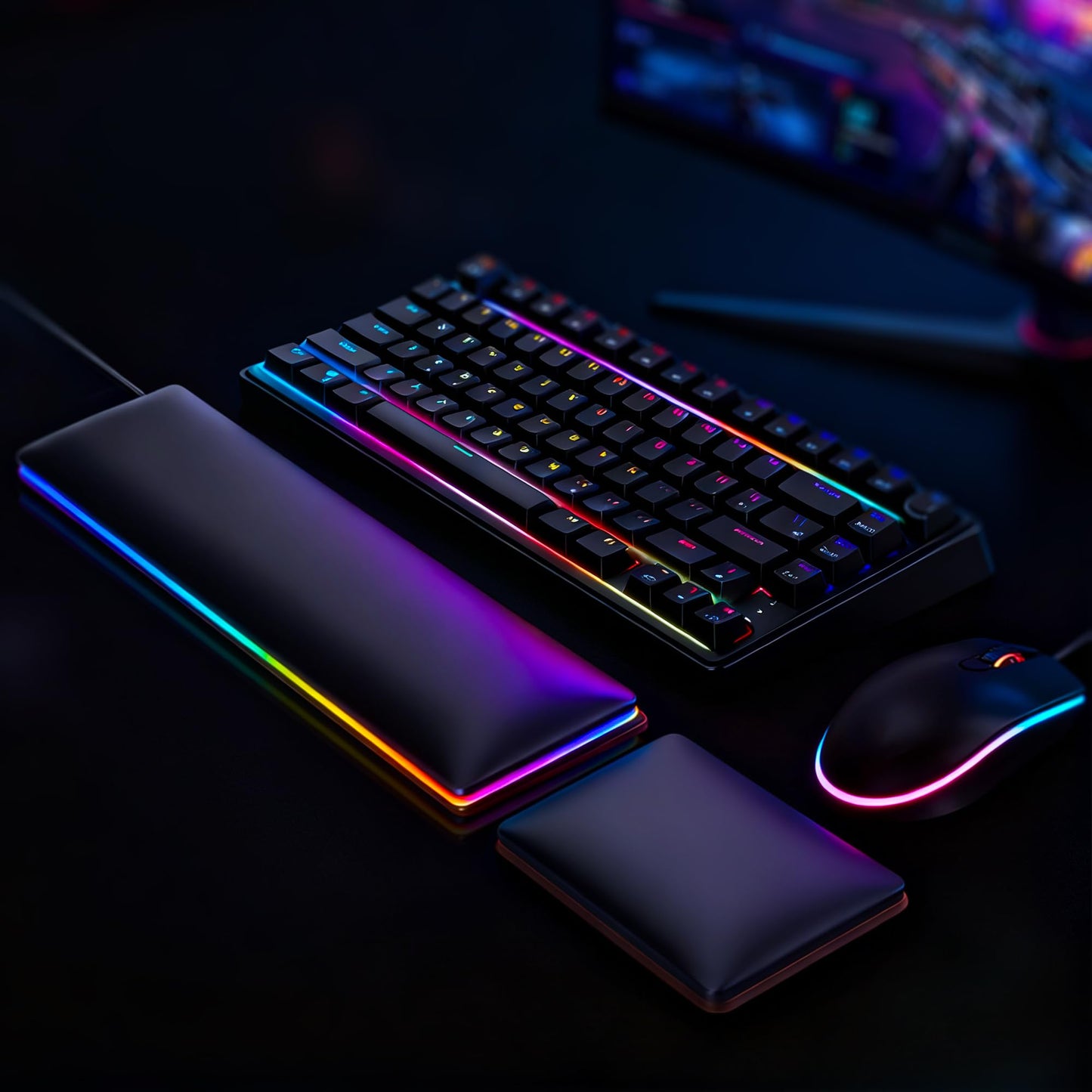 ASFSKY RGB Keyboard and Mouse Wrist Rest Set for 60%-75% Compact Keyboards - Ergonomic Wooden Support Pad with PU Leather & Memory Foam, Anti-Slip