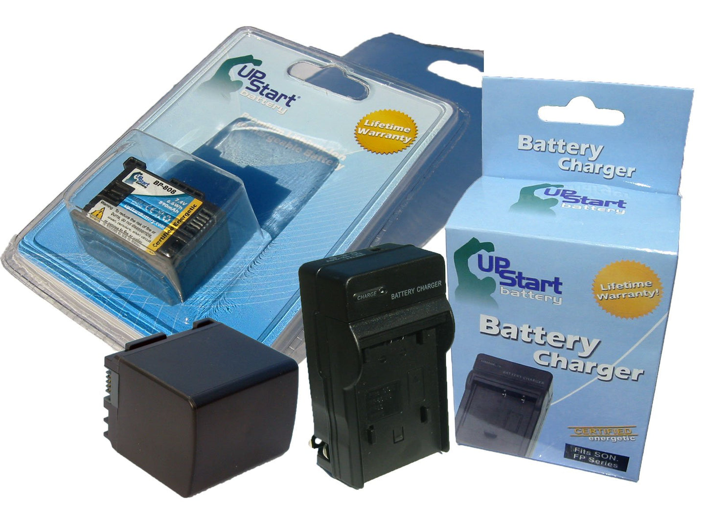 Upstart Battery New - Fully Decoded BP-808 Replacement 2 Batteries+Charger Kit for Canon Camcorders