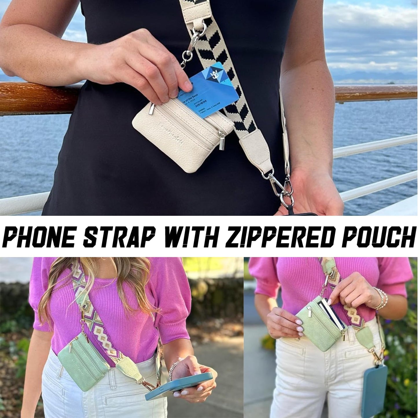Yewmow Phone Strap with Zippered Pouch,Clip and Go Strap for Phone with Wallet Crossbody,Adjustable Phone Strap Crossbody for Travel (C)
