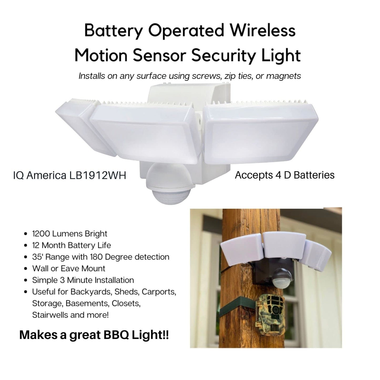 IQ America Battery-Powered Indoor Outdoor Weatherproof LED Motion Security Motion Sensor Floodlight, Eave or Wall Mount, 1200 lumens, Pivots-Rotates