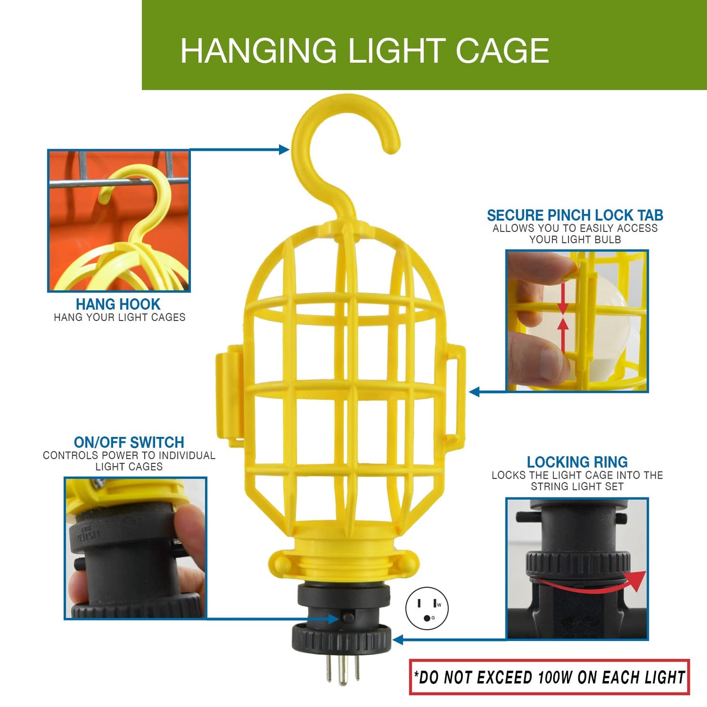 Conntek 25FT Inline Outlets Multifunction Extension Cords with 3 Detachable Light Cages