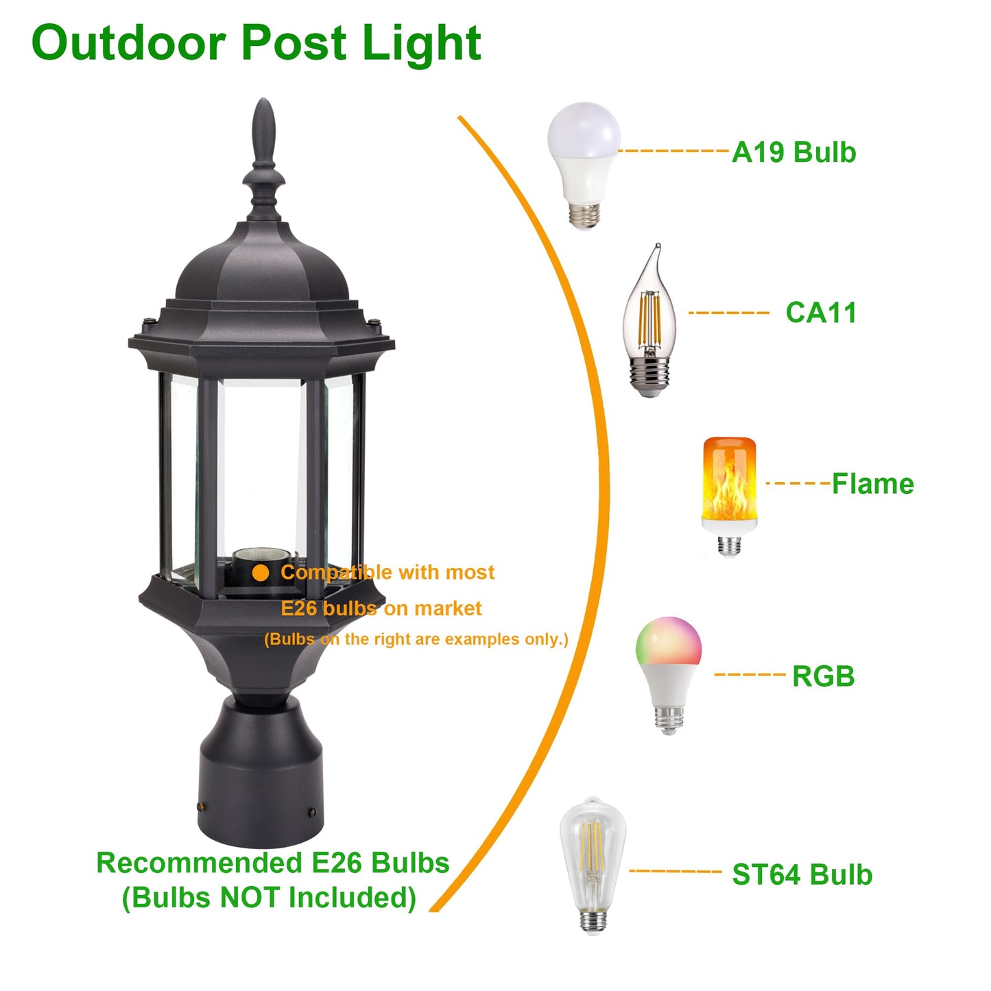 LIT-PaTH Outdoor Post Lighting Fixture Pole Lantern, E26 Medium Base Max 60W, Aluminum Housing Plus Glass, 2-Pack, Black Finish