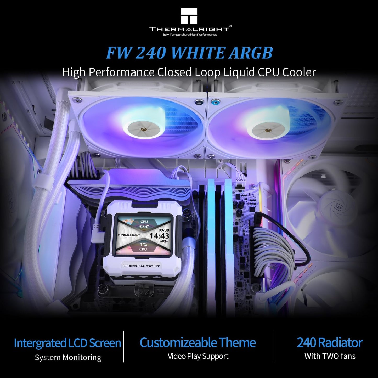 Thermalright FW240 Black CPU AIO Cooler,PC 240 Specification Water Cooler System,IPS LCD Screen with 320*240 Resolution,for AM5&Intel