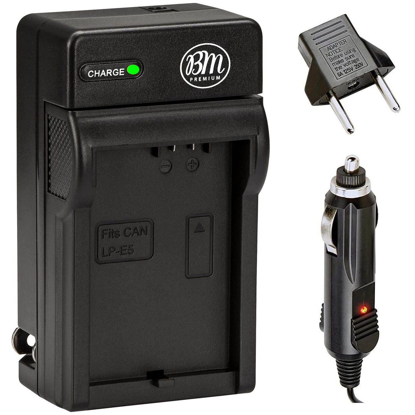 BM Premium LP-E5 AC & DC Travel Battery Charger for Canon EOS Rebel XS, Rebel T1i, Rebel XSi, 1000D, 500D, 450D, Kiss X3, Kiss X2, Kiss F Digital SLR
