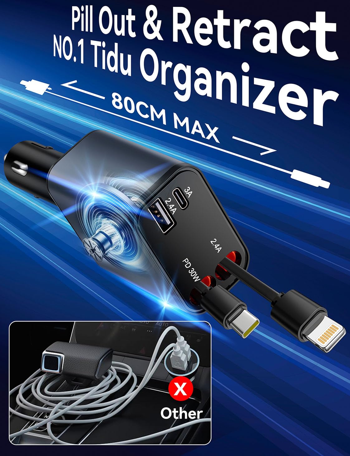2Pack 4 in 1 Retractable Car Charger, 69W USB C Car Accessories Adapter for iPhone 17 USB C Charger Fast Charging,Truck Accessories,Travel Essentials