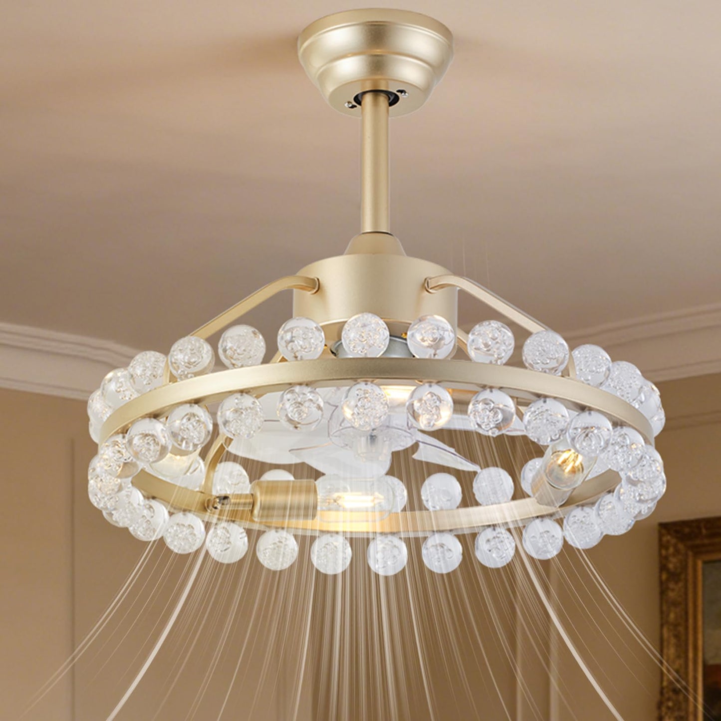 Thoxipn 20" Gold Crystal Fandelier Ceiling Fan with Light Caged Mid Century