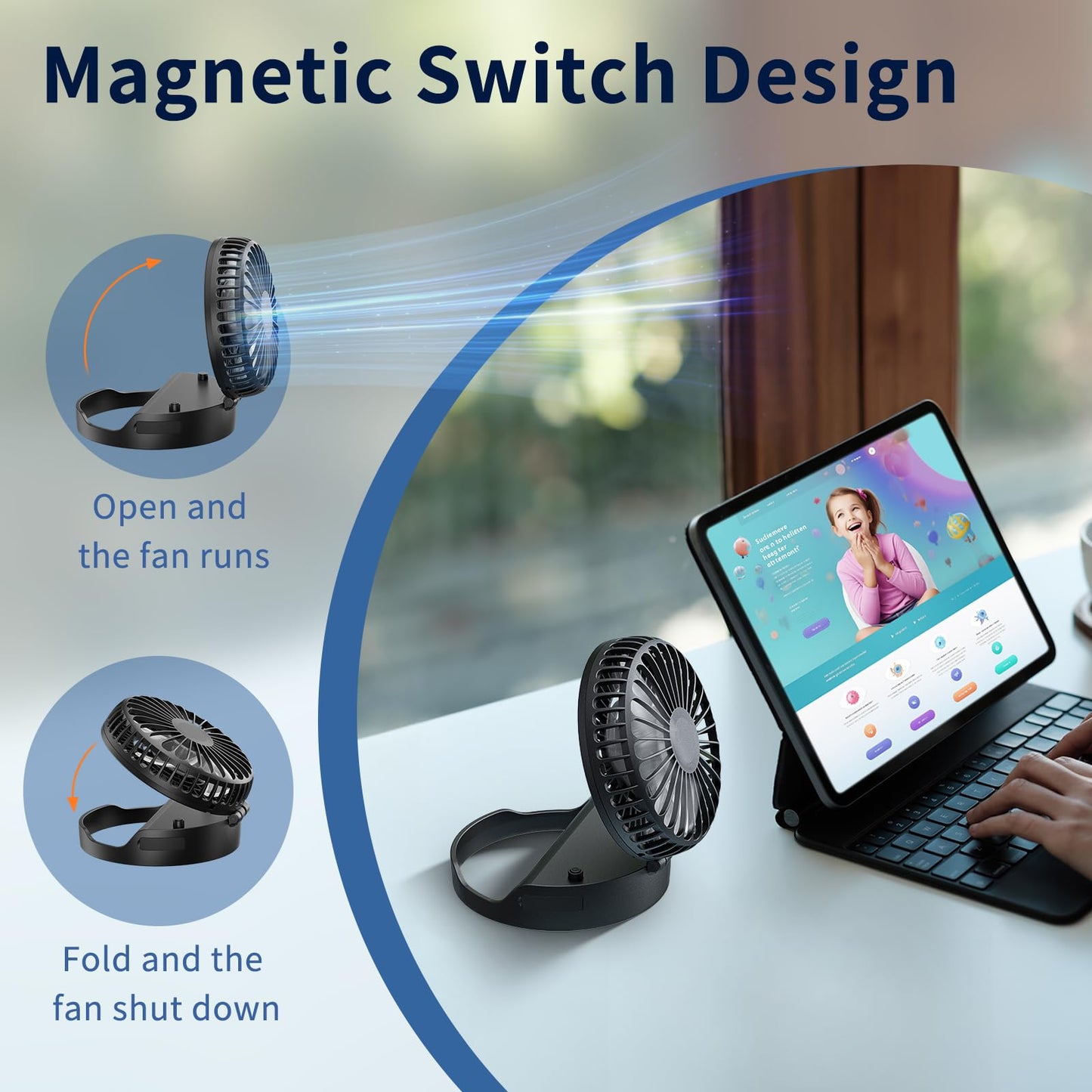 HandFan Portable Mini Fan, Personal Necklace Fan, 3 IN 1 Hand Fans, Small Pocket Fans with Unique Magnetic Switch, Battery Operated, for Travel