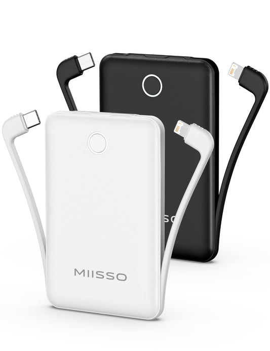 10000mAh Mini Portable Charger with Built in Cable, Pocket Size Power Bank Travel External Battery Pack for Phone, 3 Output USB Type C Cord Clutch
