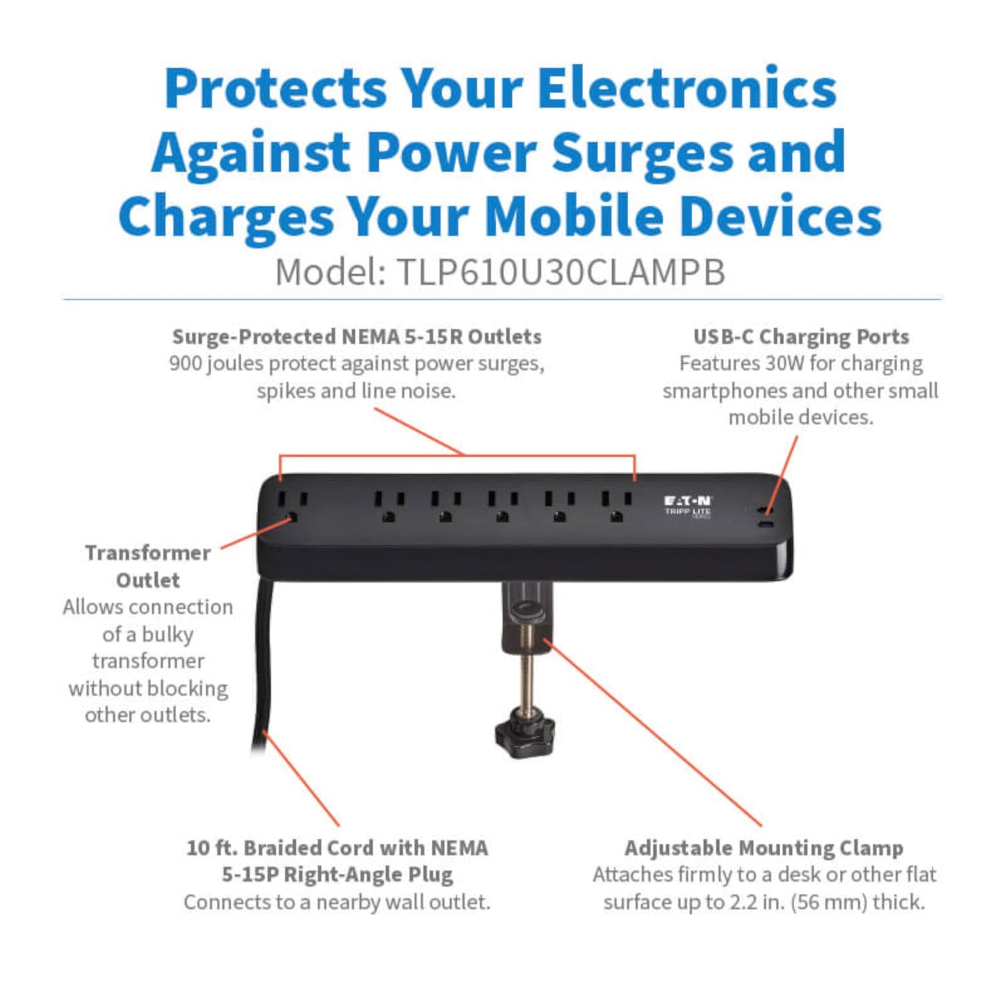Eaton Tripp Lite series Desk Clamp Power Strip Surge Protector, 6-Outlets, 2x 30W USB-C Charging Ports, 900 Joules, 10ft Braided Flat Extension Cord