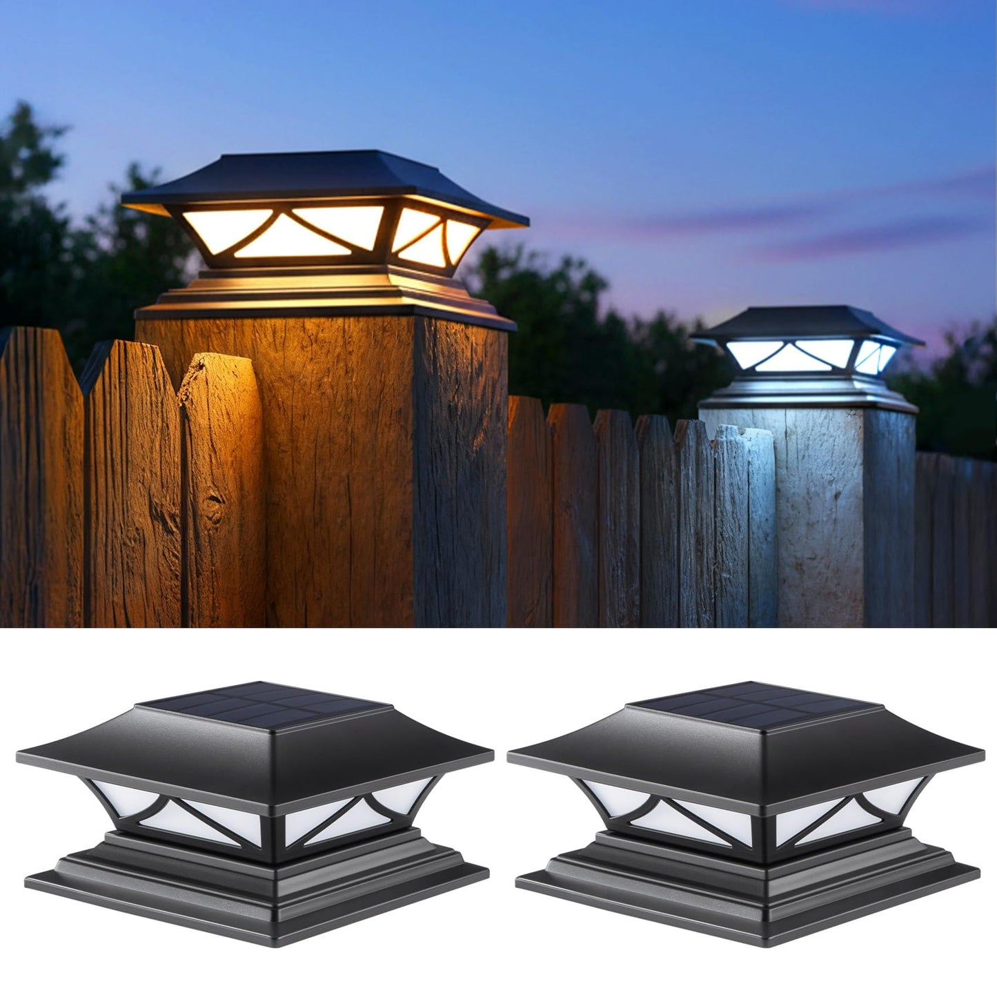 PASAMIC 2 Pack Solar Post Cap Lights, Waterproof Outdoor Lights for 4x4 5x5 6x6 Wood Posts, Fence Post Solar Lights with 2 Color Modes for Garden
