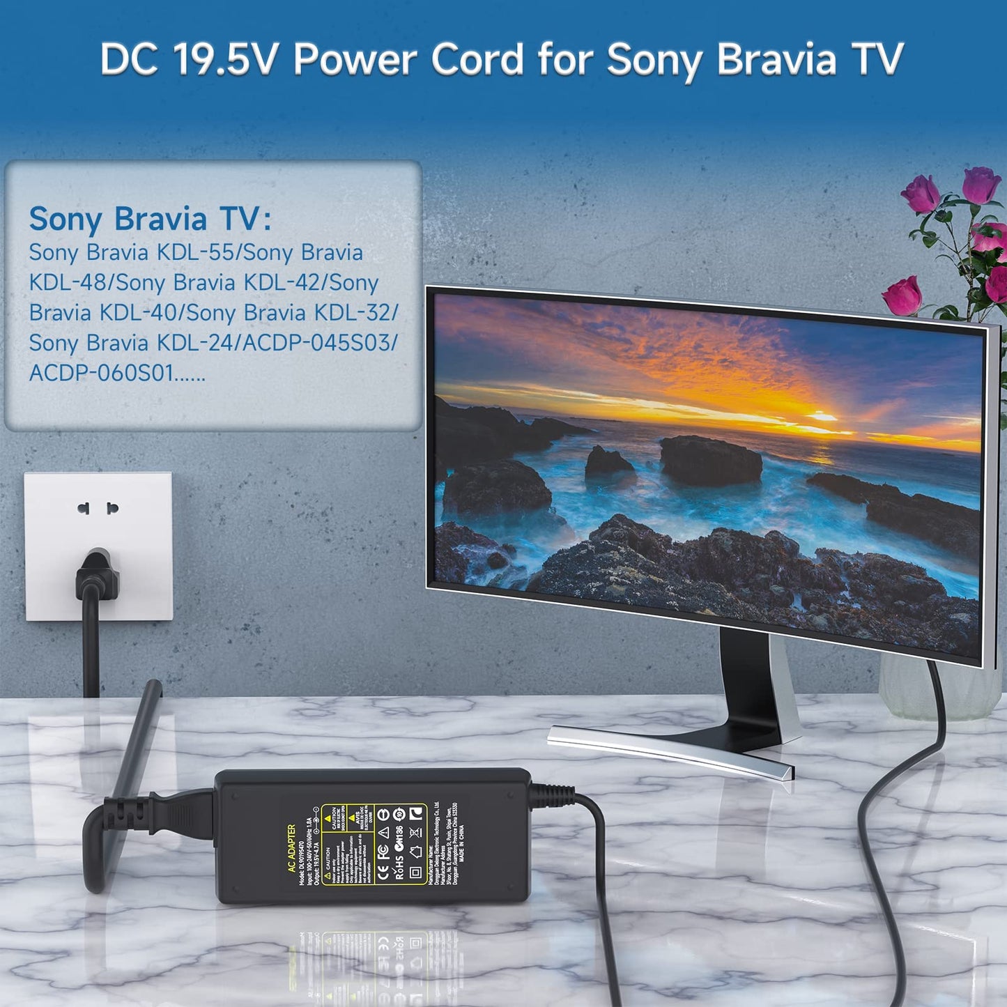 I IBACASE 19.5V Adapter Power Cord Compatible with Sony Bravia TV Series and More Power Supply Cord (6.5mm*4.4mm)